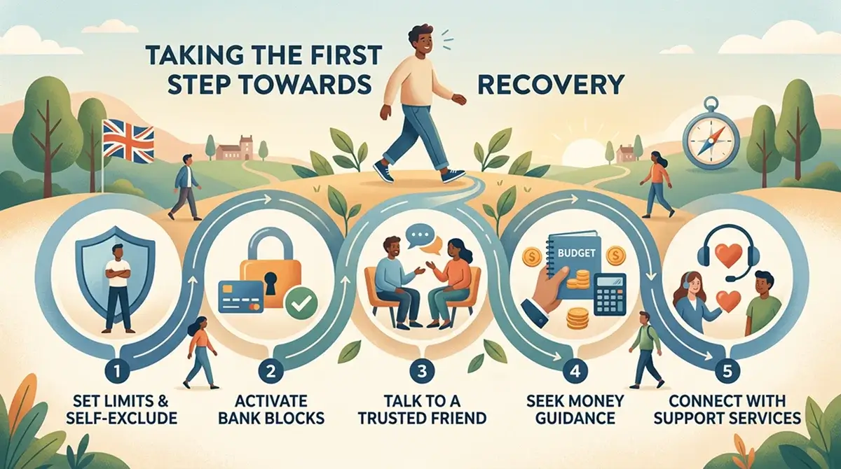 A calm support path with choices for self-exclusion, bank blocks, advice and trusted help services