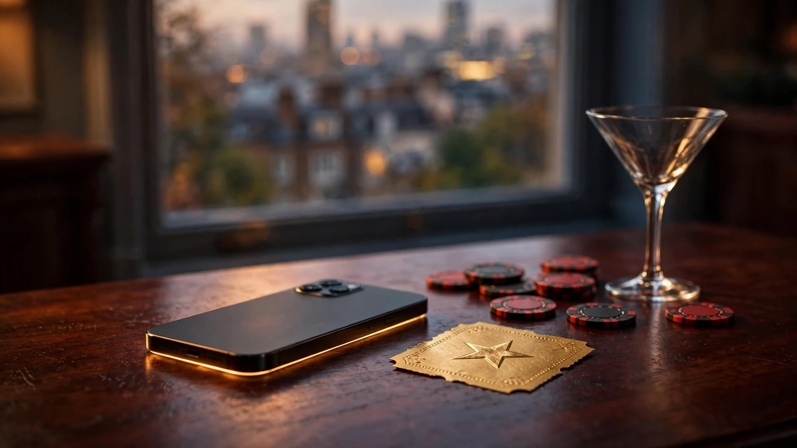 Face-down smartphone with golden bonus voucher and casino chips on dark table