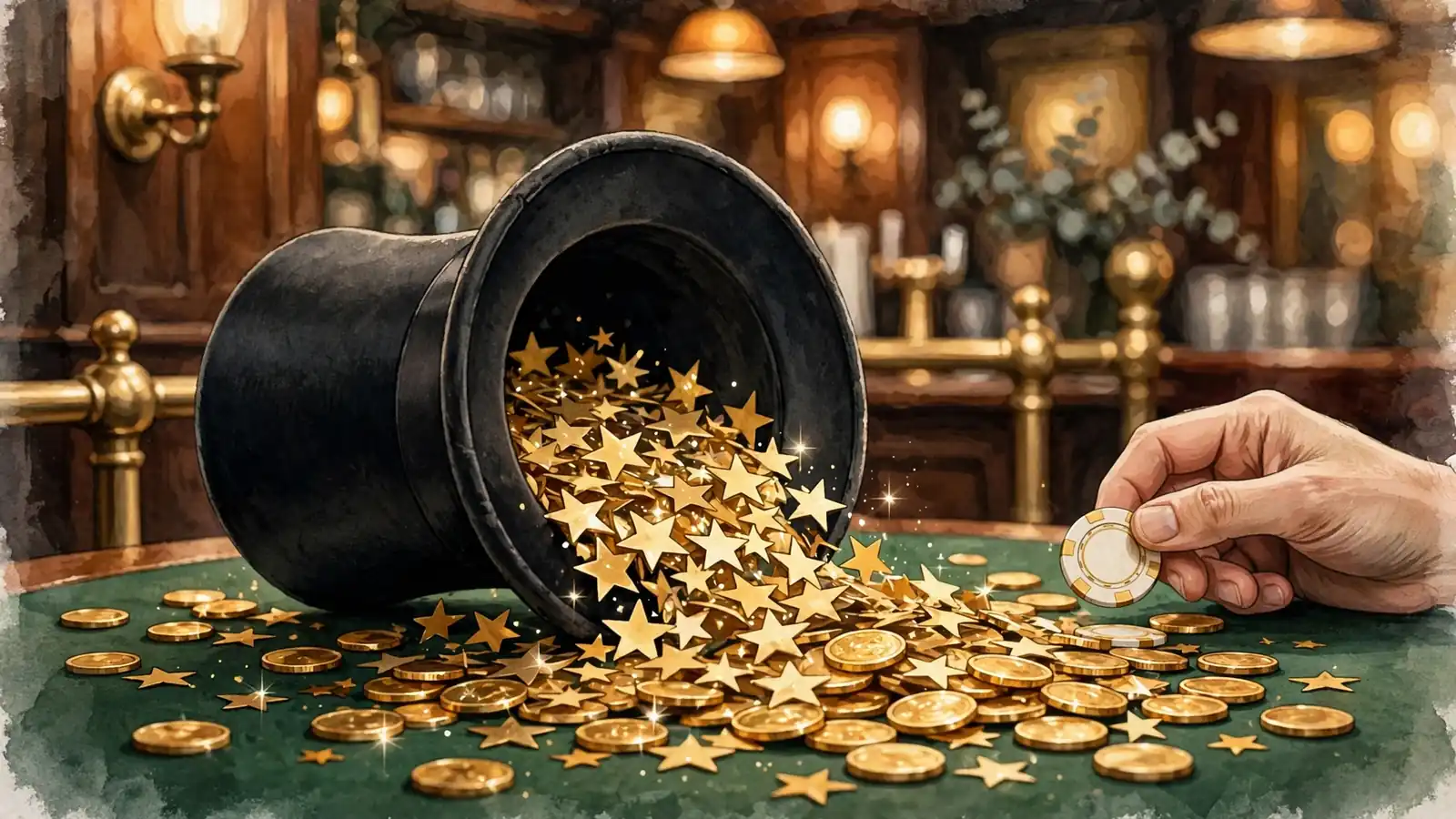 Golden confetti and coins spilling from a top hat on green baize, British pub setting