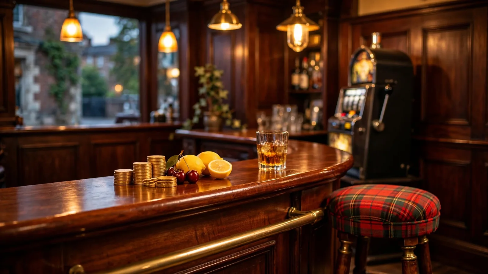 British pub lounge scene with golden casino chips and a vintage slot machine silhouette