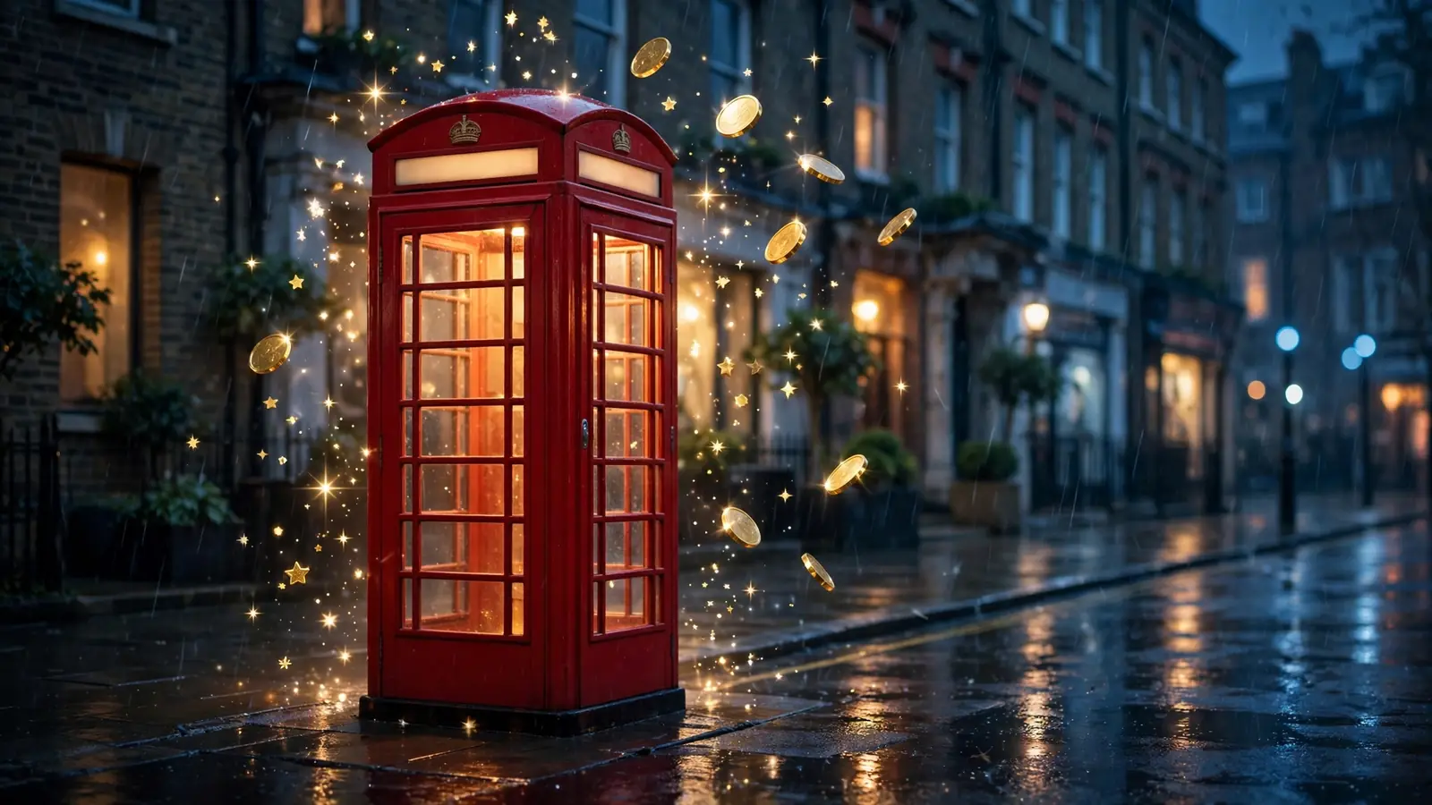 Festive London street scene with a glowing red telephone booth, floating gold coins and sparkles, UK 2026 theme.