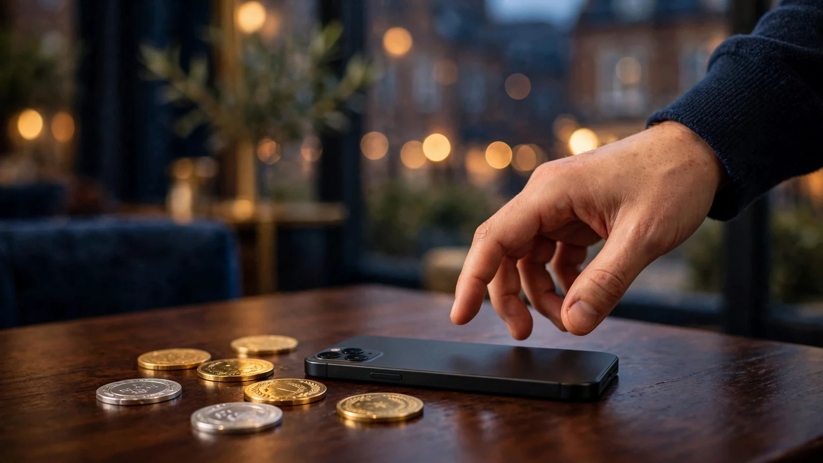 Hand reaching for smartphone next to casino chips on a wooden table with warm evening lighting