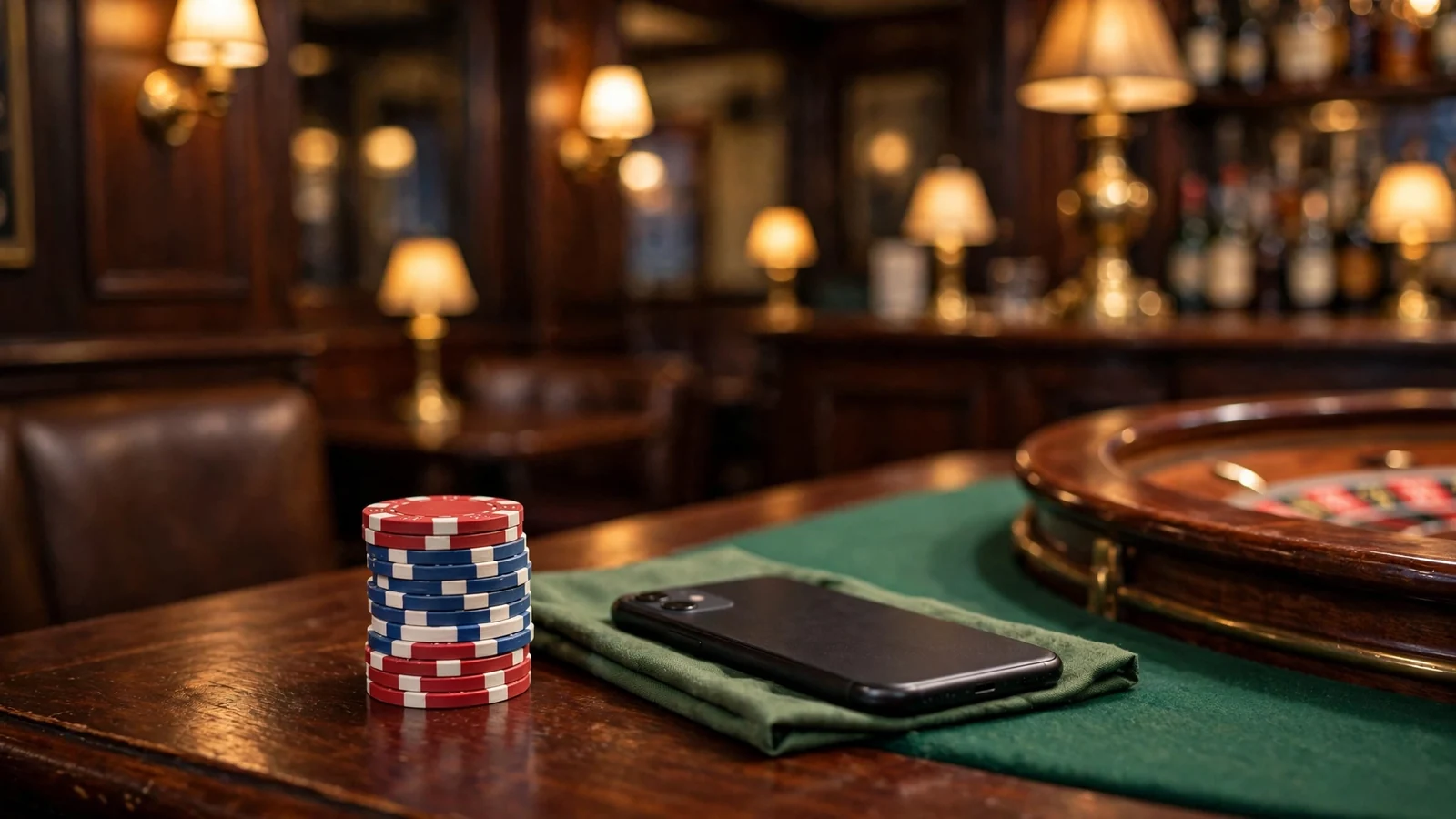 Casino chips and a roulette wheel beside a face-down phone on a British pub table.