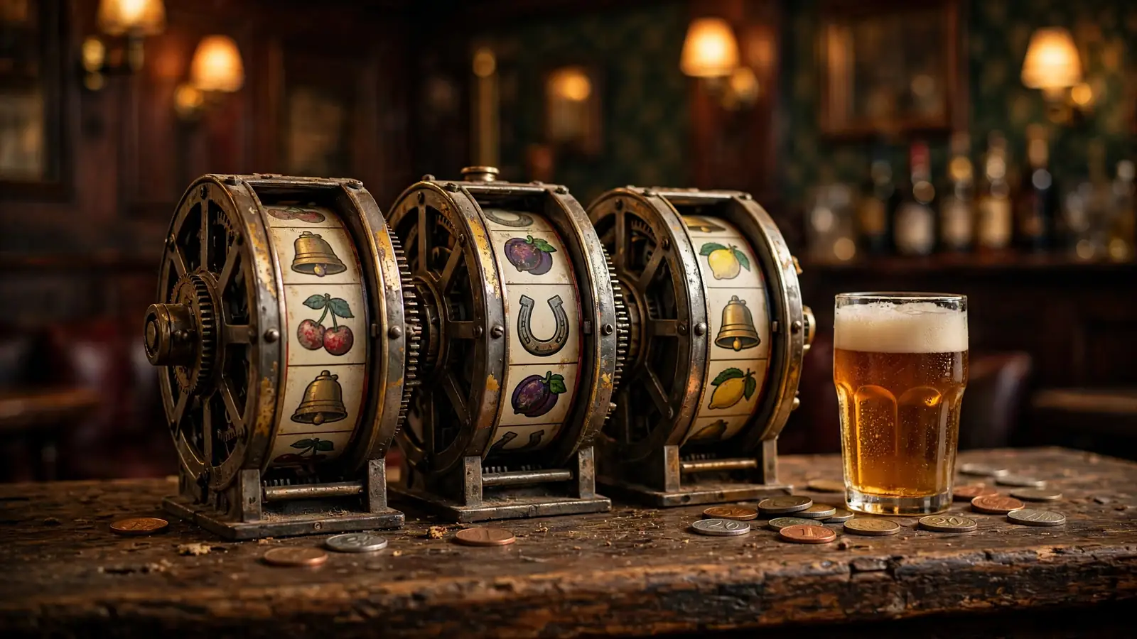 Three classic slot machine reels on a British pub counter beside a pint of ale