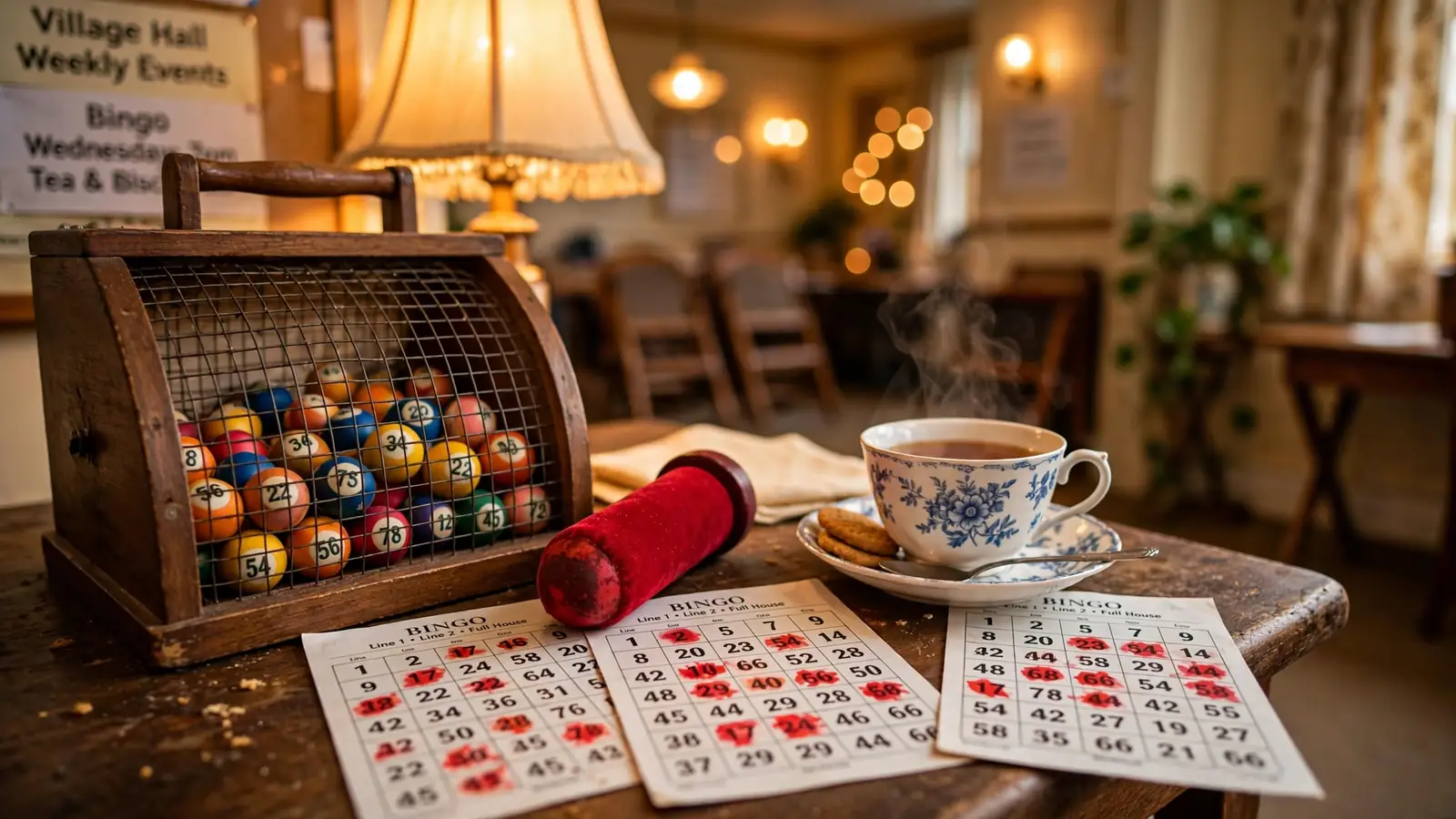 Cozy British bingo hall scene with a bingo cage, daubed cards, and a teacup