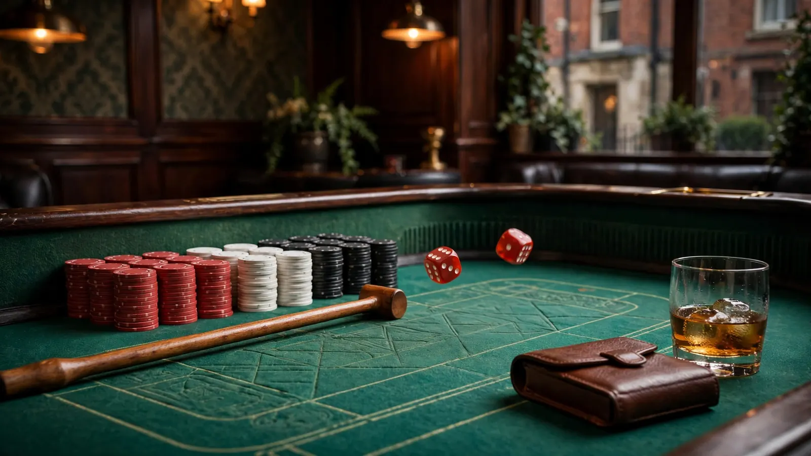 Green felt craps table with stacked chips, wooden stick, and rolling red dice in a warm British casino setting.