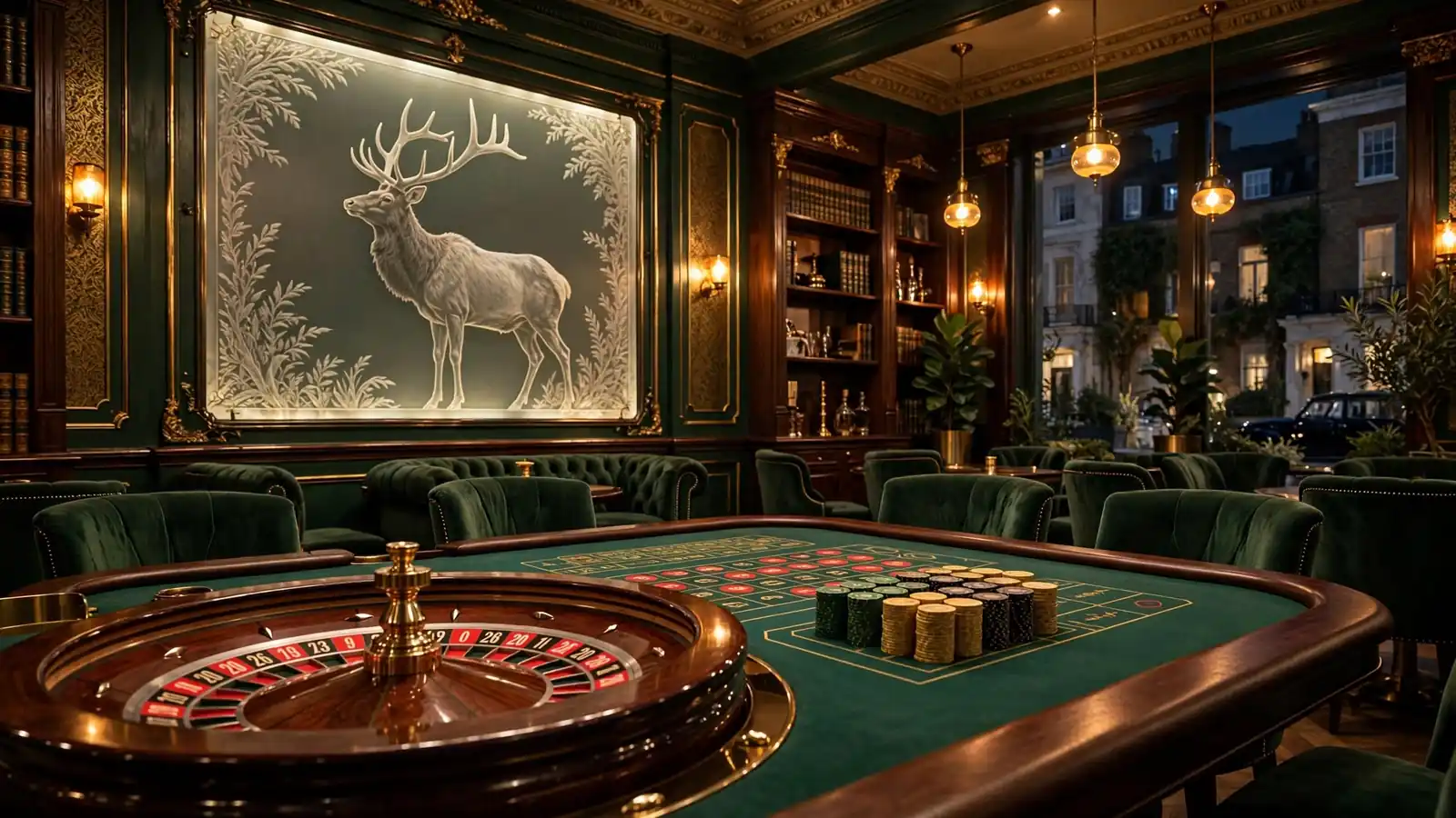 Elegant British casino lounge with a roulette table and subtle elk-themed wall art