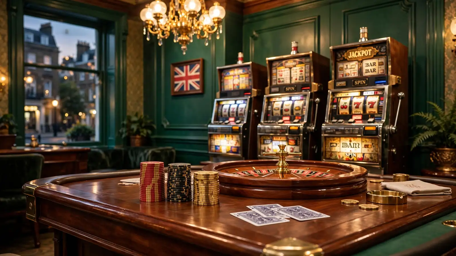 Elegant London casino interior with chips, roulette wheel and classic slot cabinets