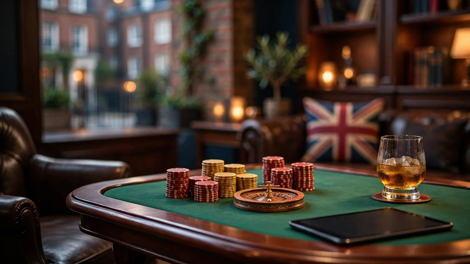 British-style casino lounge with chips, roulette wheel and whisky glass