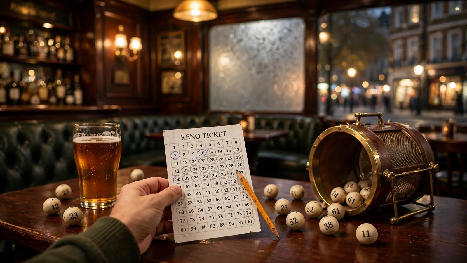 British pub scene with keno balls, raffle drum, and ticket on a wooden table