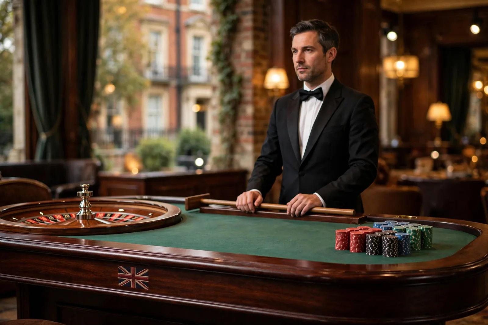 Professional croupier at a British live casino studio roulette table with stacked chips