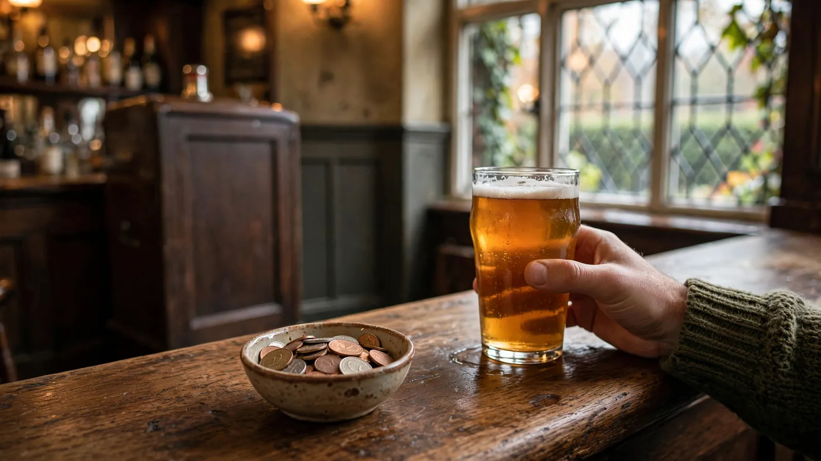 Cozy British pub scene with coins on bar counter, relaxed atmosphere