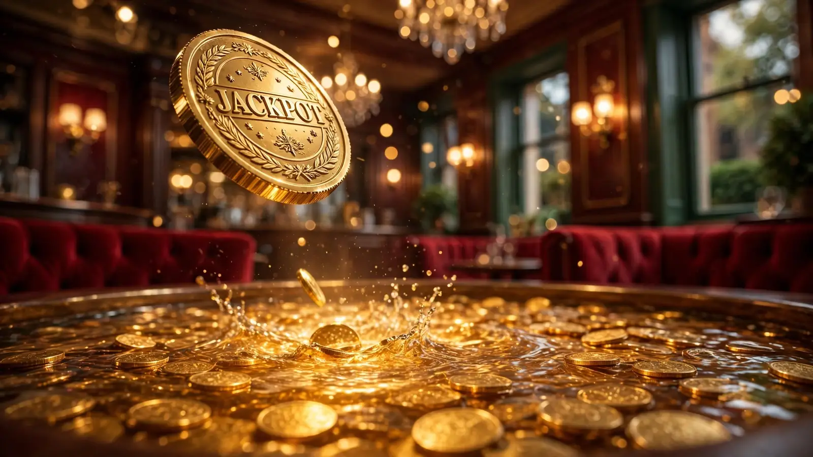 Golden coins cascading into a glowing jackpot pool in a luxury casino interior