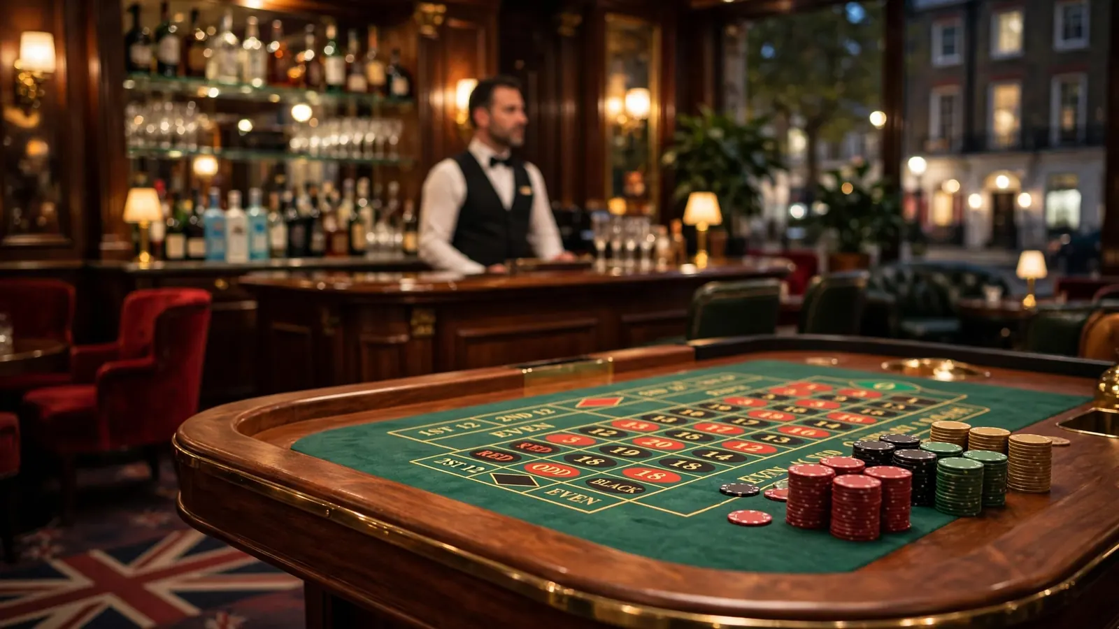 Elegant London casino lounge with a roulette table and stacked chips