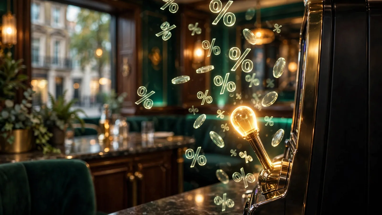 Glowing golden slot lever with rising percentage symbols in a moody London casino lounge
