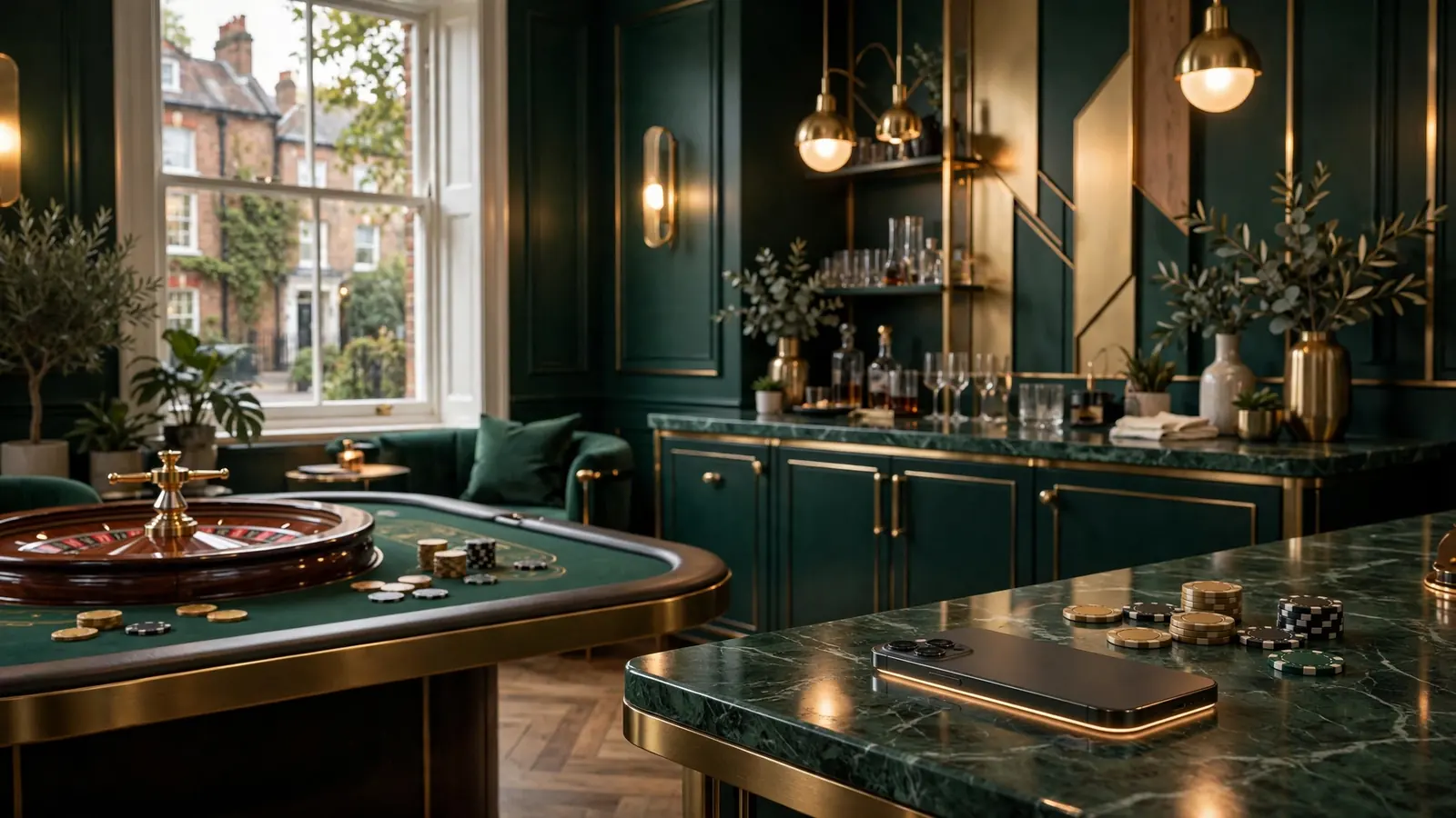 Stylish UK casino lounge interior with roulette wheel and chips in 2026