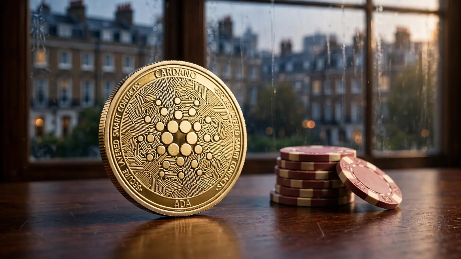 Cardano ADA coin beside casino chips on a desk with a London skyline in the background