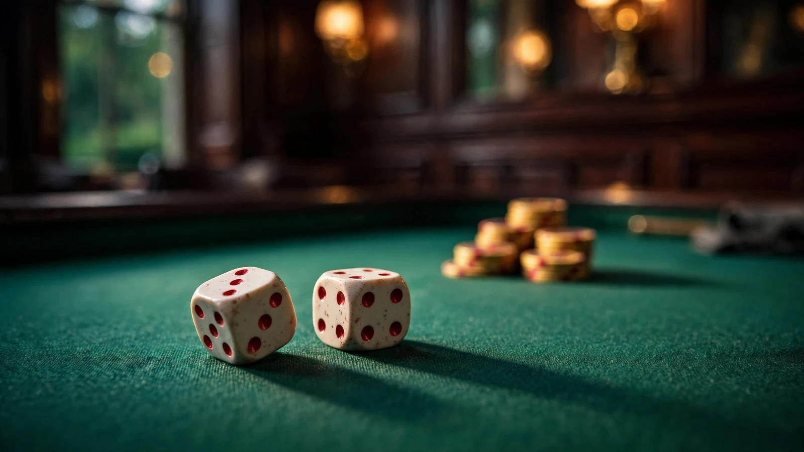 Two red and white dice on a green felt casino table with golden chip stacks in warm ambient lighting.