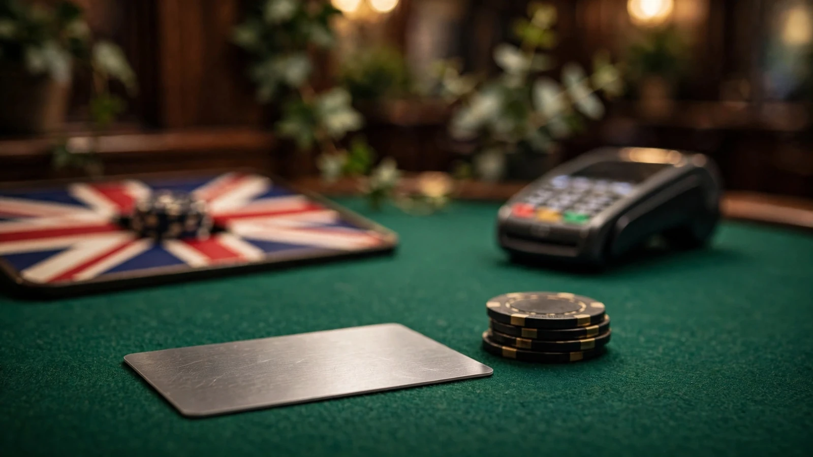 Payment card on green felt casino table with contactless terminal and chips