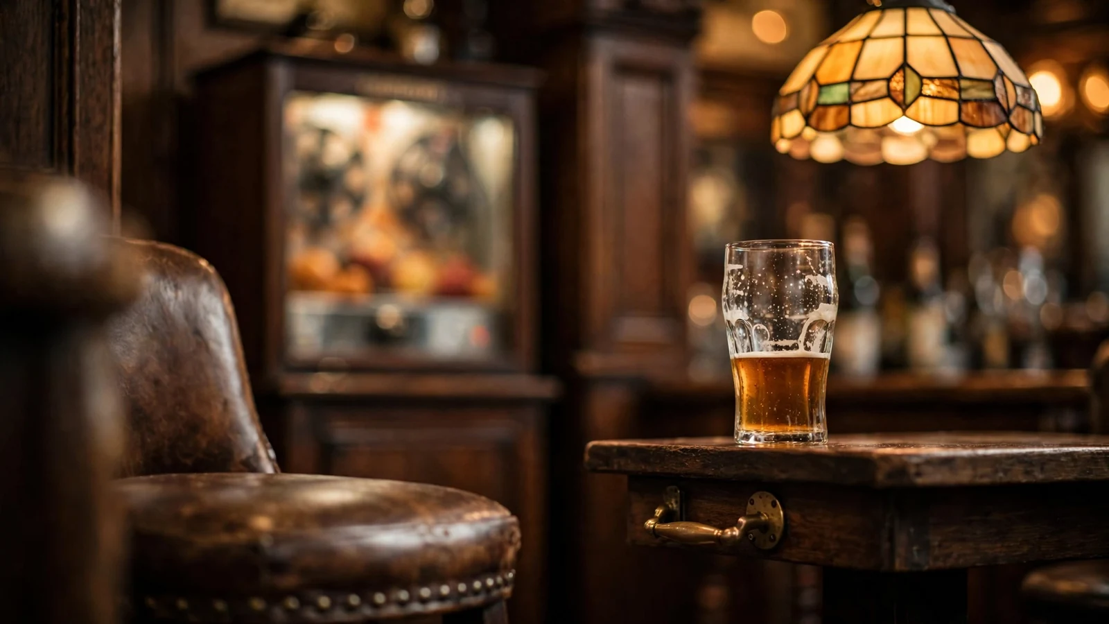 Classic fruit machine inside a traditional British pub with pint of ale