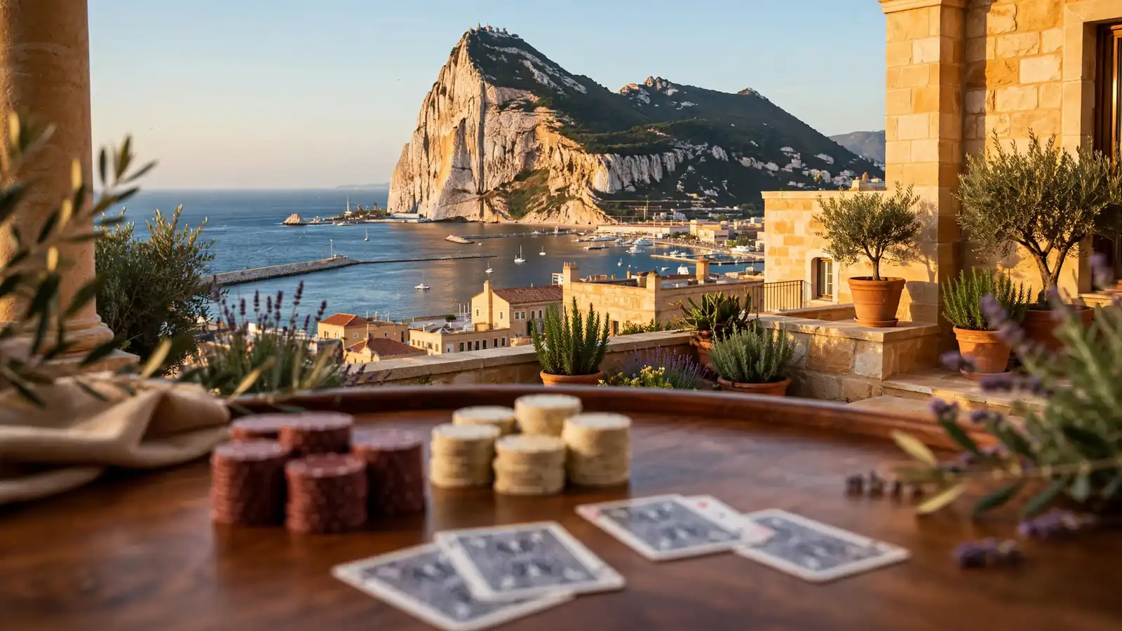 Gibraltar Rock at sunset with casino chips and cards on a wooden table in foreground