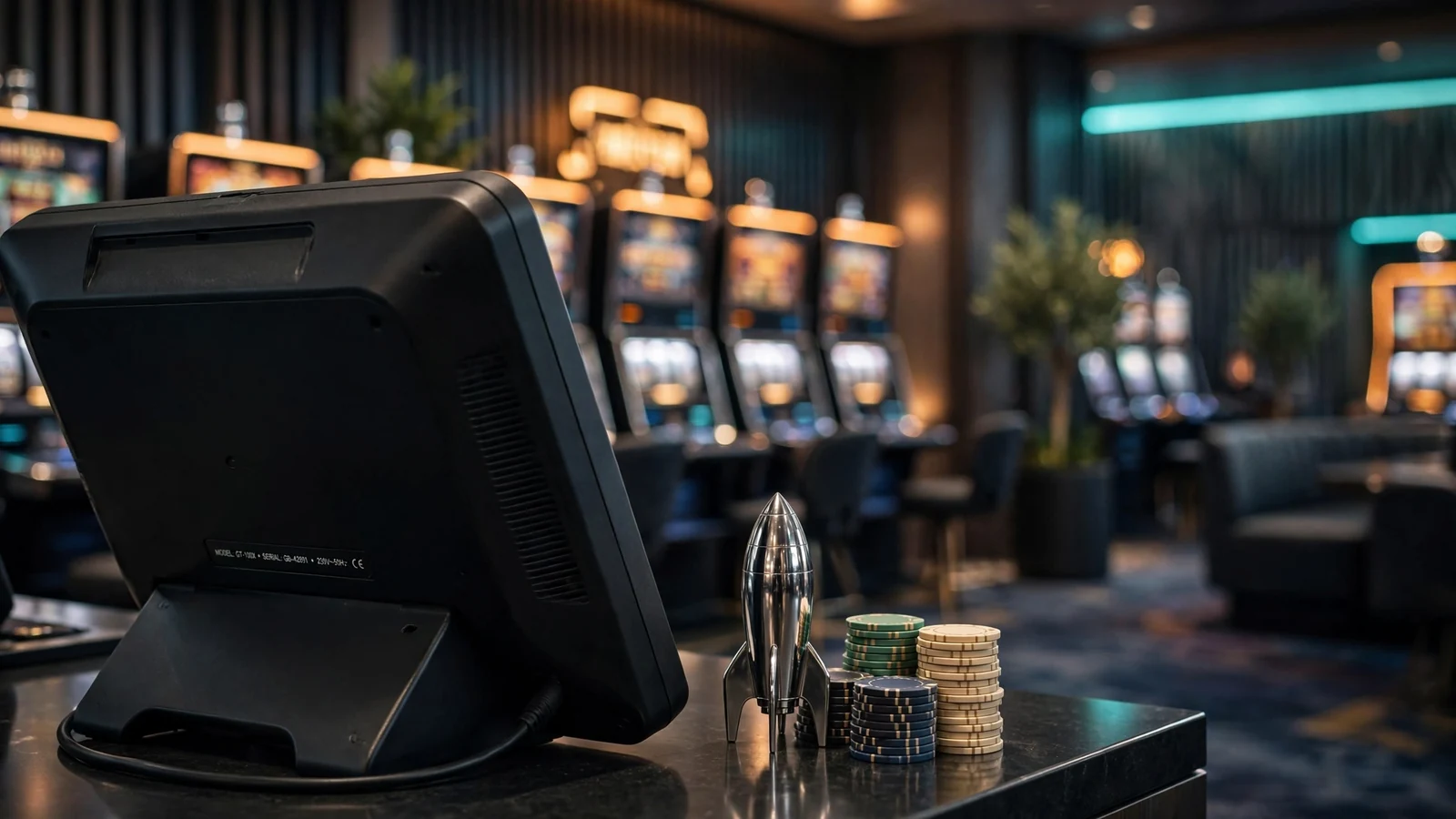 Modern UK casino terminal with decorative rocket model and stacked chips on counter