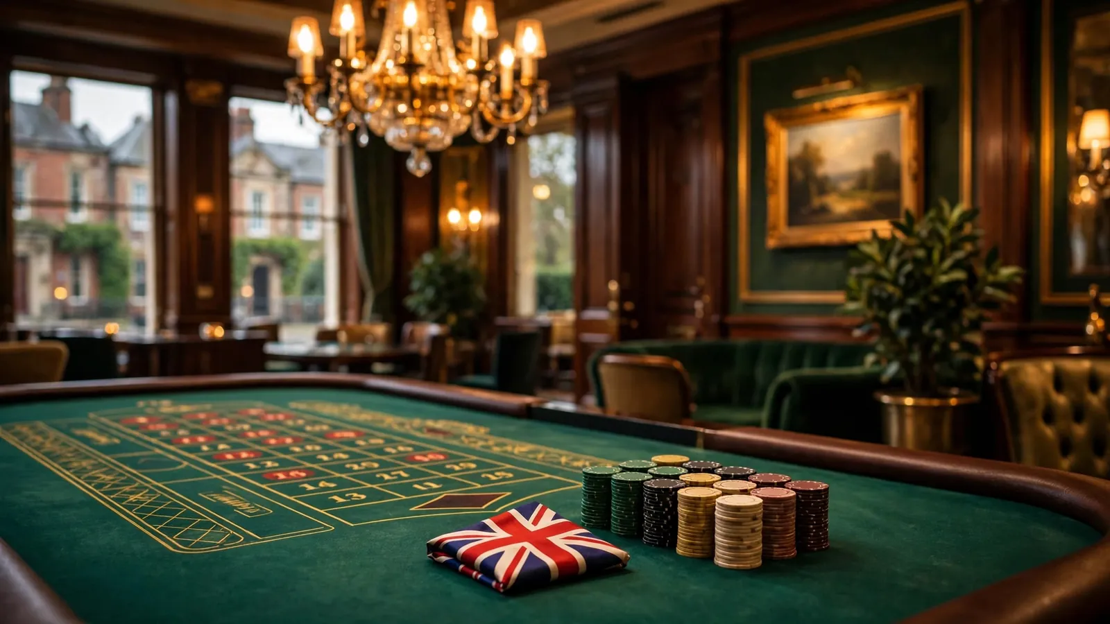 Elegant casino interior with roulette table, chips, and a Union Jack accent