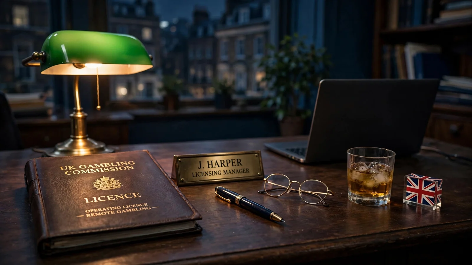 UK Gambling Commission licence on a desk with laptop turned away