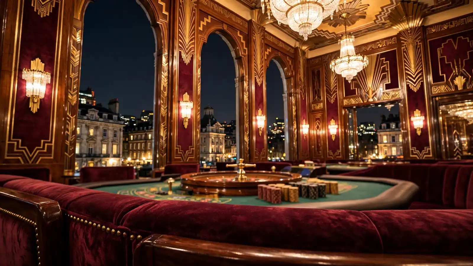Elegant international casino lounge with roulette wheel and night city skyline.