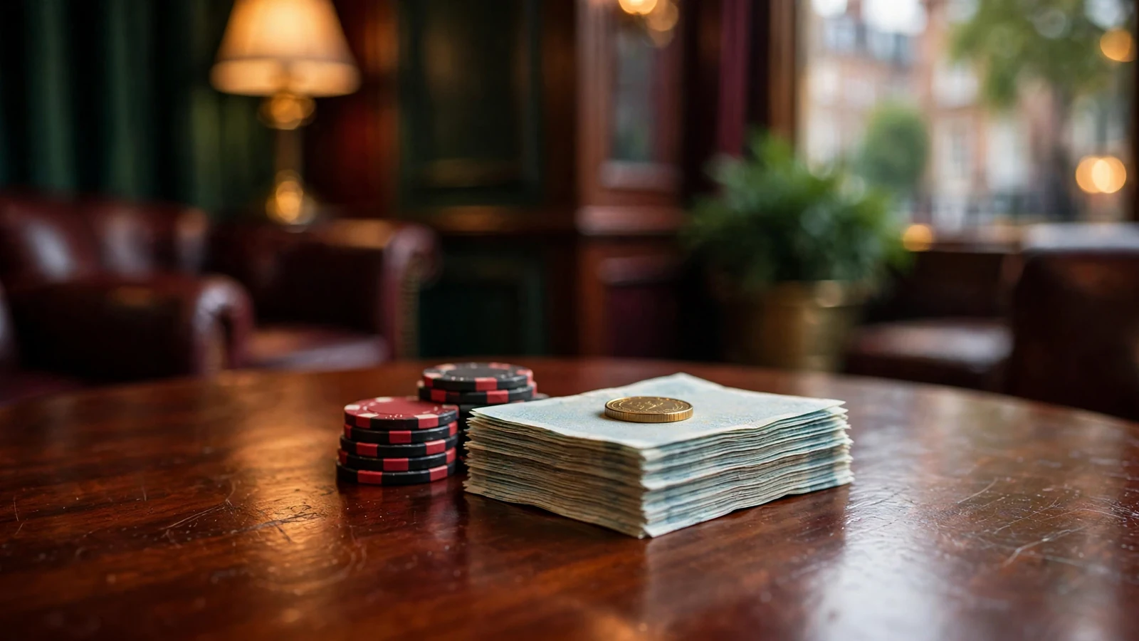 Stack of British pound notes with red and black casino chips on a polished mahogany table.