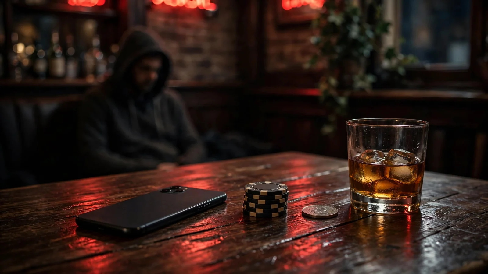 Face-down smartphone on table with poker chips and whisky glass in dimly lit room