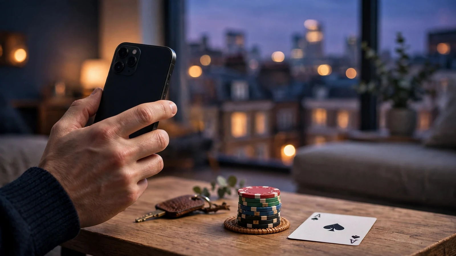 Hand holding a smartphone near casino chips and a playing card with a London skyline at dusk.