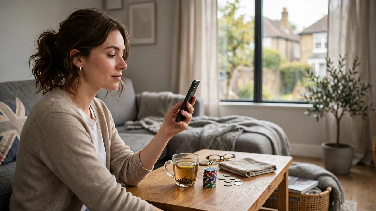Person paying at a mobile casino using a smartphone in a UK home