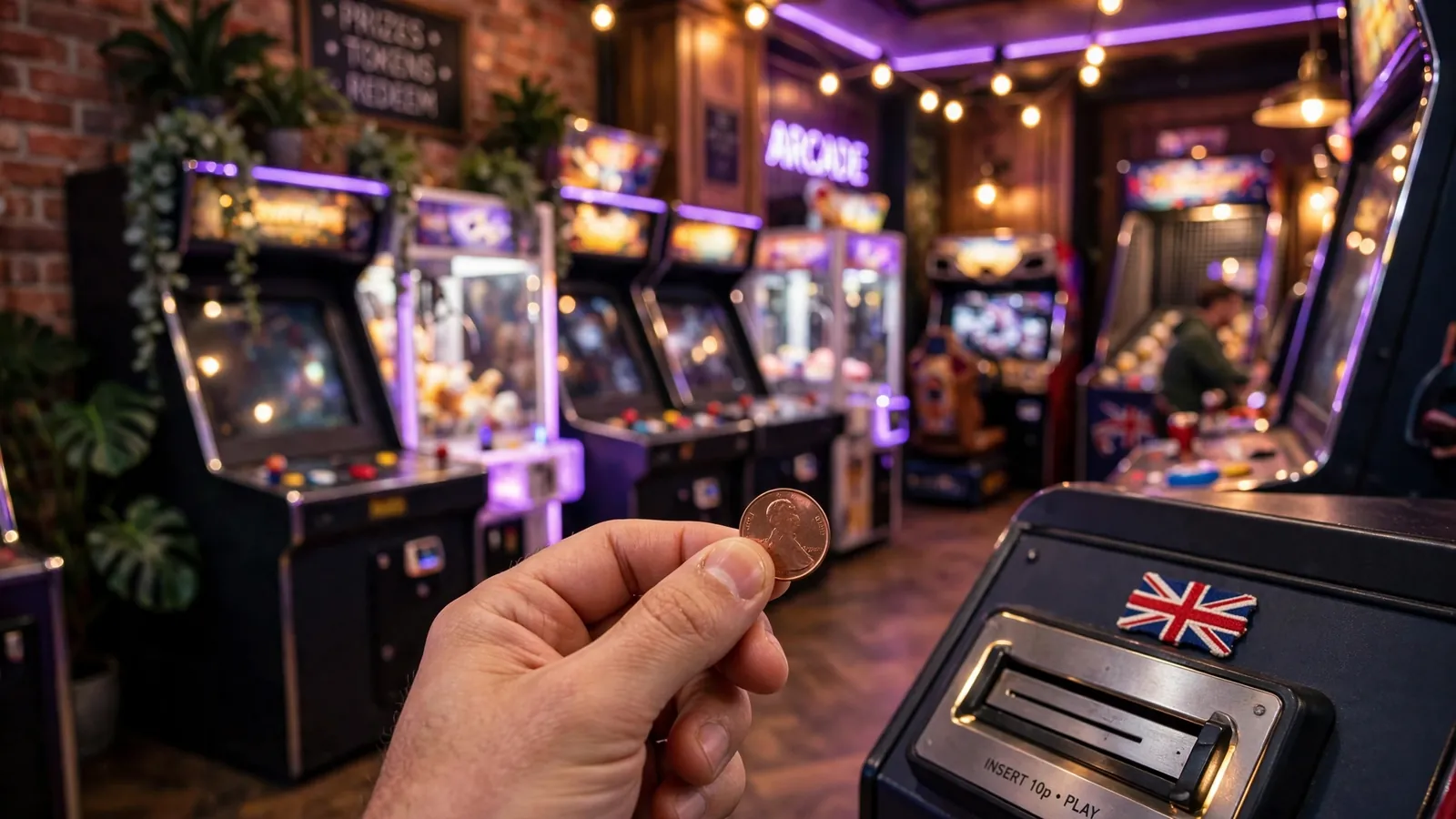 British casino floor with slot machines and a hand holding a penny coin