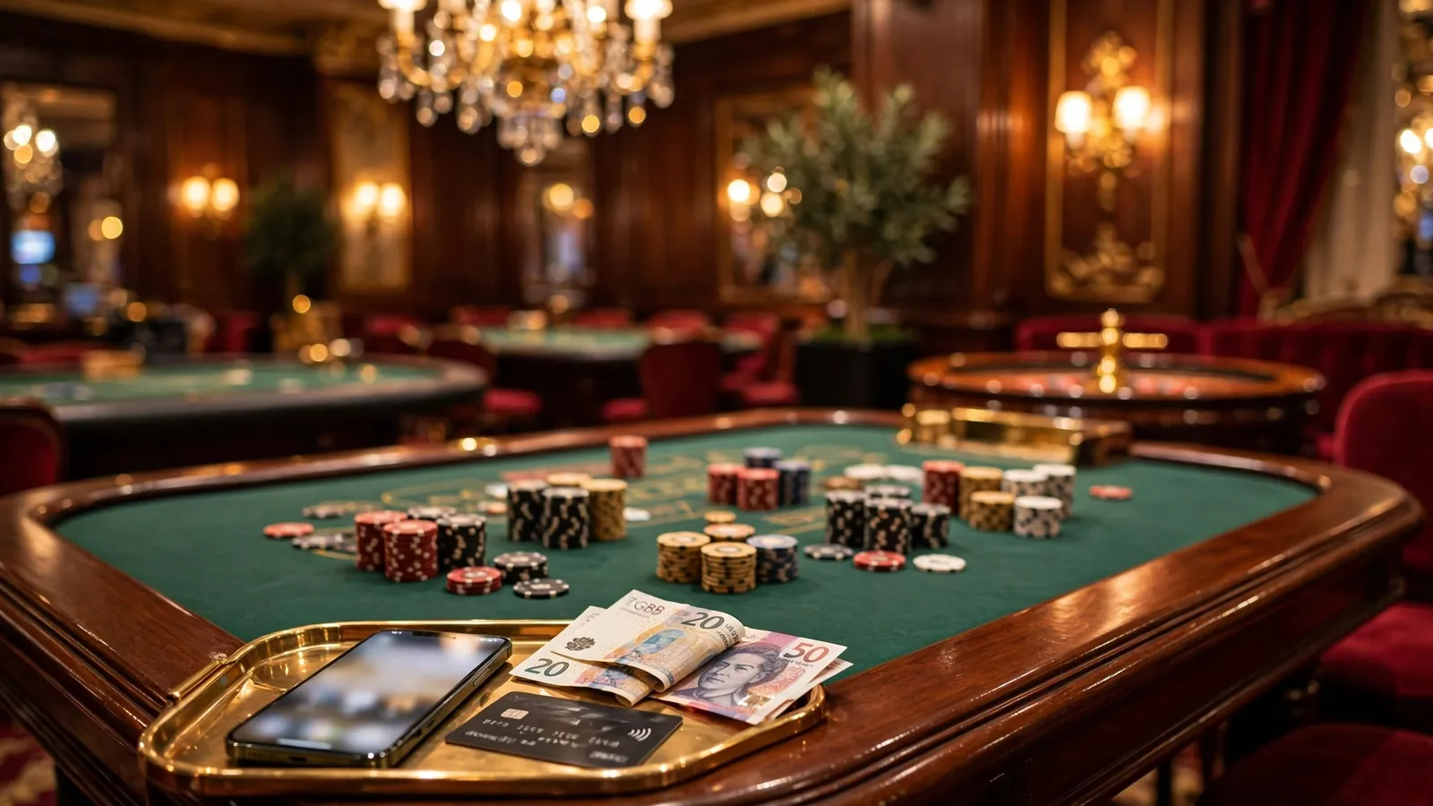 Casino table with chips, smartphone, debit card and pound notes