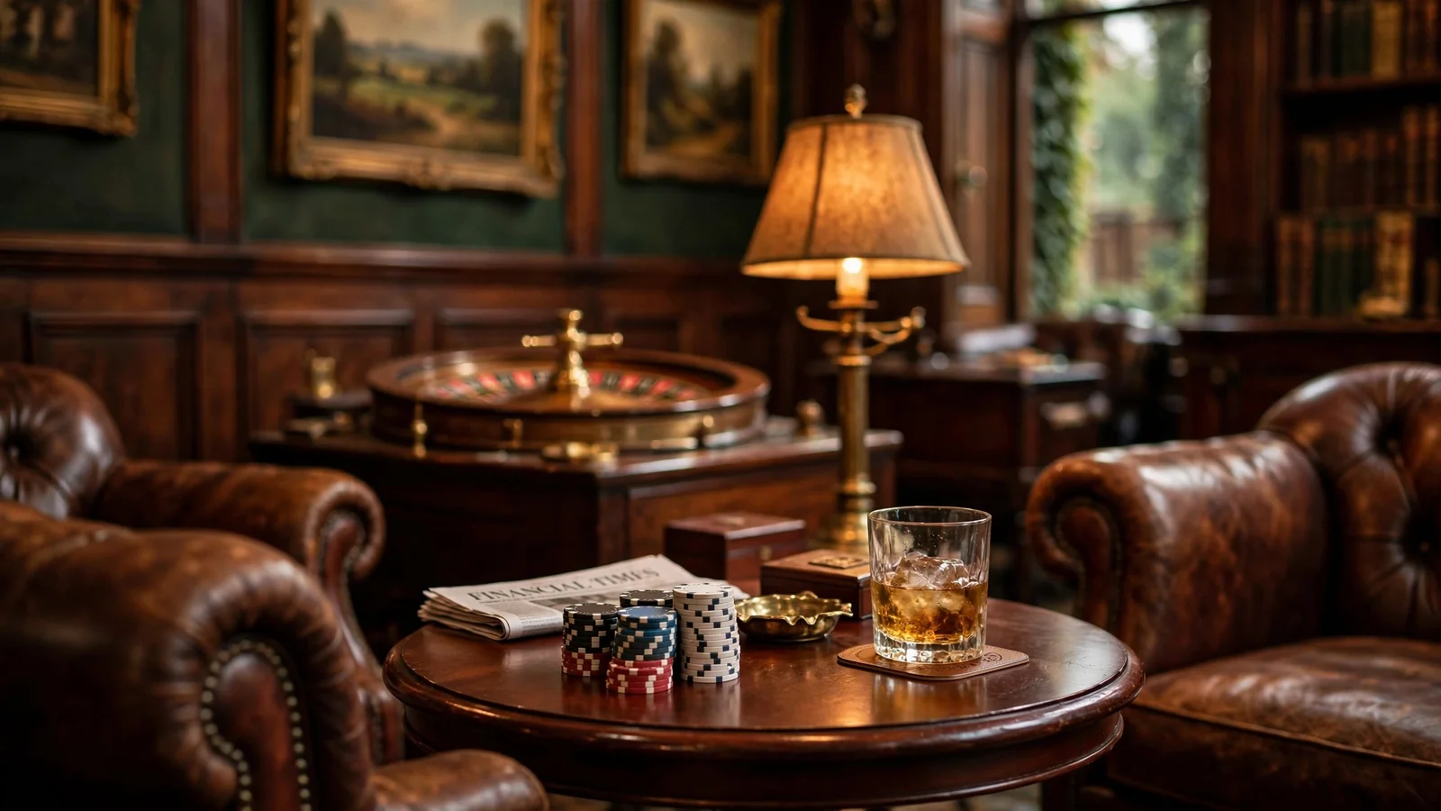 British gentleman’s club setting with leather chairs, casino chips, and roulette wheel