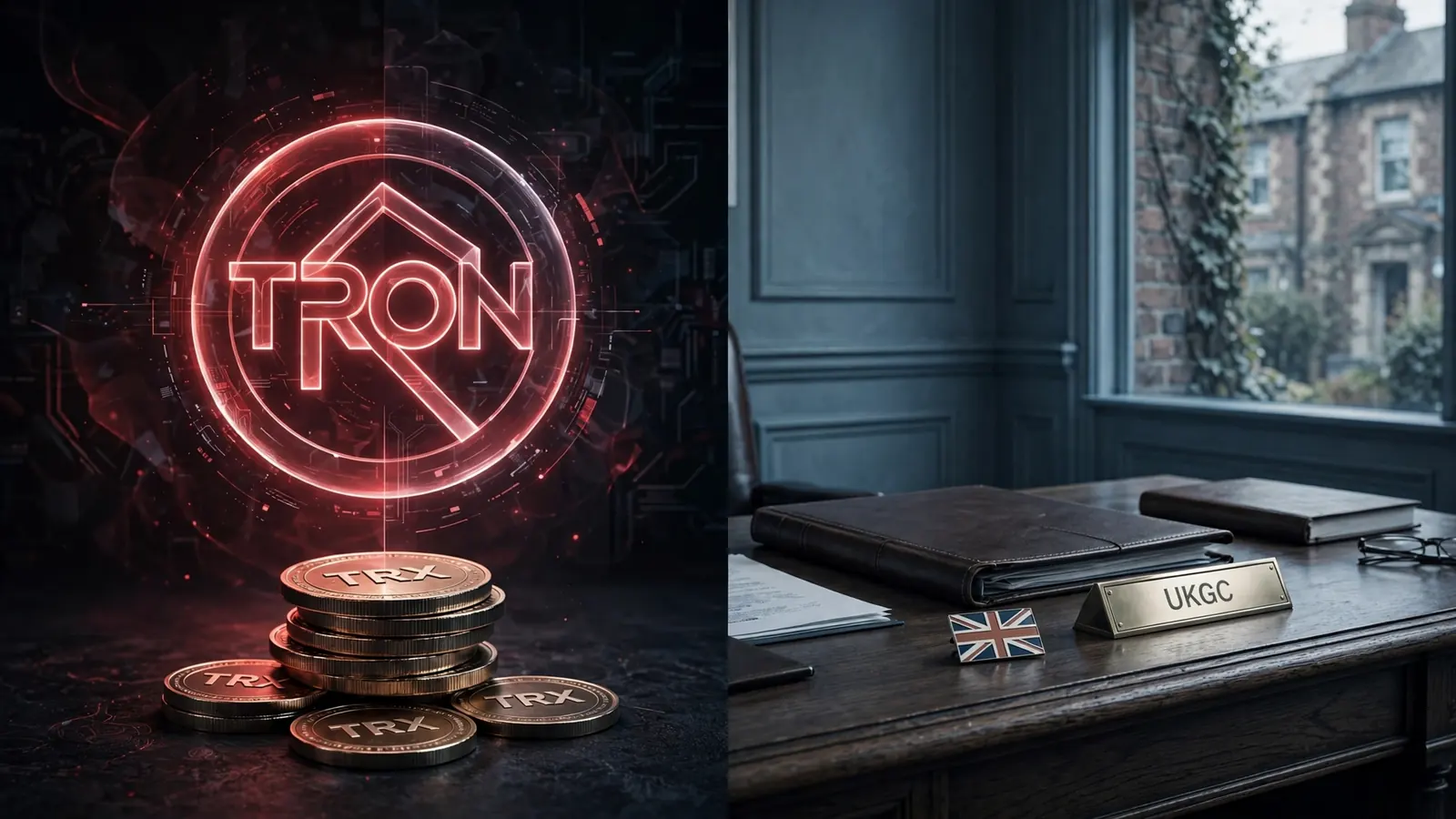 Split illustration contrasting TRON cryptocurrency with UK Gambling Commission regulatory authority.